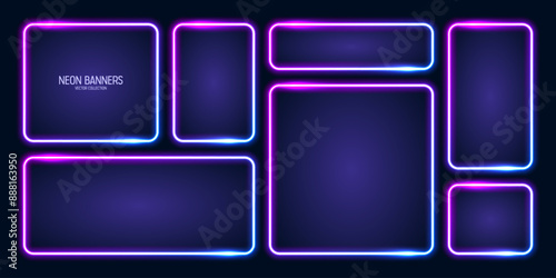 Glowing neon banners, illuminated colorful square frames. Shiny vibrant border, glow effect. Blue vintage retro lights, night illumination. Modern futuristic UI design elements. Vector illustration