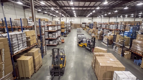 A bustling warehouse with rows of shelves stacked with boxes and pallets, forklifts moving swiftly as workers coordinate efficiently in a high-tech environment. 