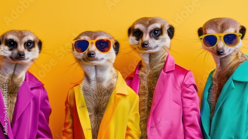 Creative animal concept. Meerkat in a group, vibrant bright fashionable outfits isolated on solid background advertisement, copy text space. birthday party invite invitation banner.