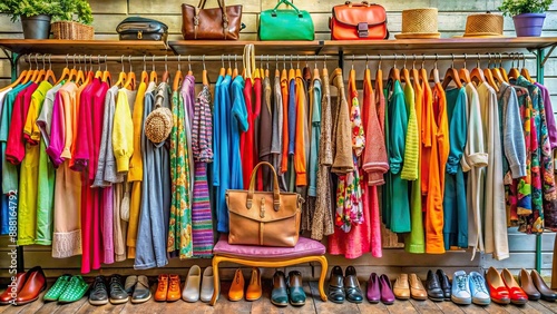 Colorful rack of assorted second-hand garments, bags, shoes, and accessories, reflective of sustainable fashion and eco-conscious lifestyles.