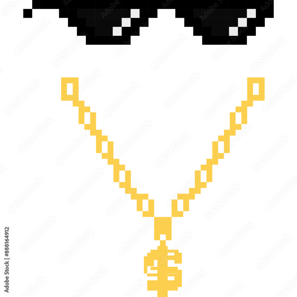 Pixel glasses and gold chain of thug life meme. Sunglasses icon. Vector Illustration Pixel glasses and gold chain of thug life meme. Sunglasses icon. Vector Illustration