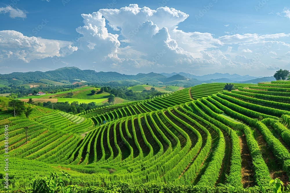 Tranquil Farmland: Panoramic View of Productive Countryside with Lush Crop Rows and Scenic Beauty Tranquil Farmland: Panoramic View of Productive Countryside with Lush Crop Rows and Scenic Beauty