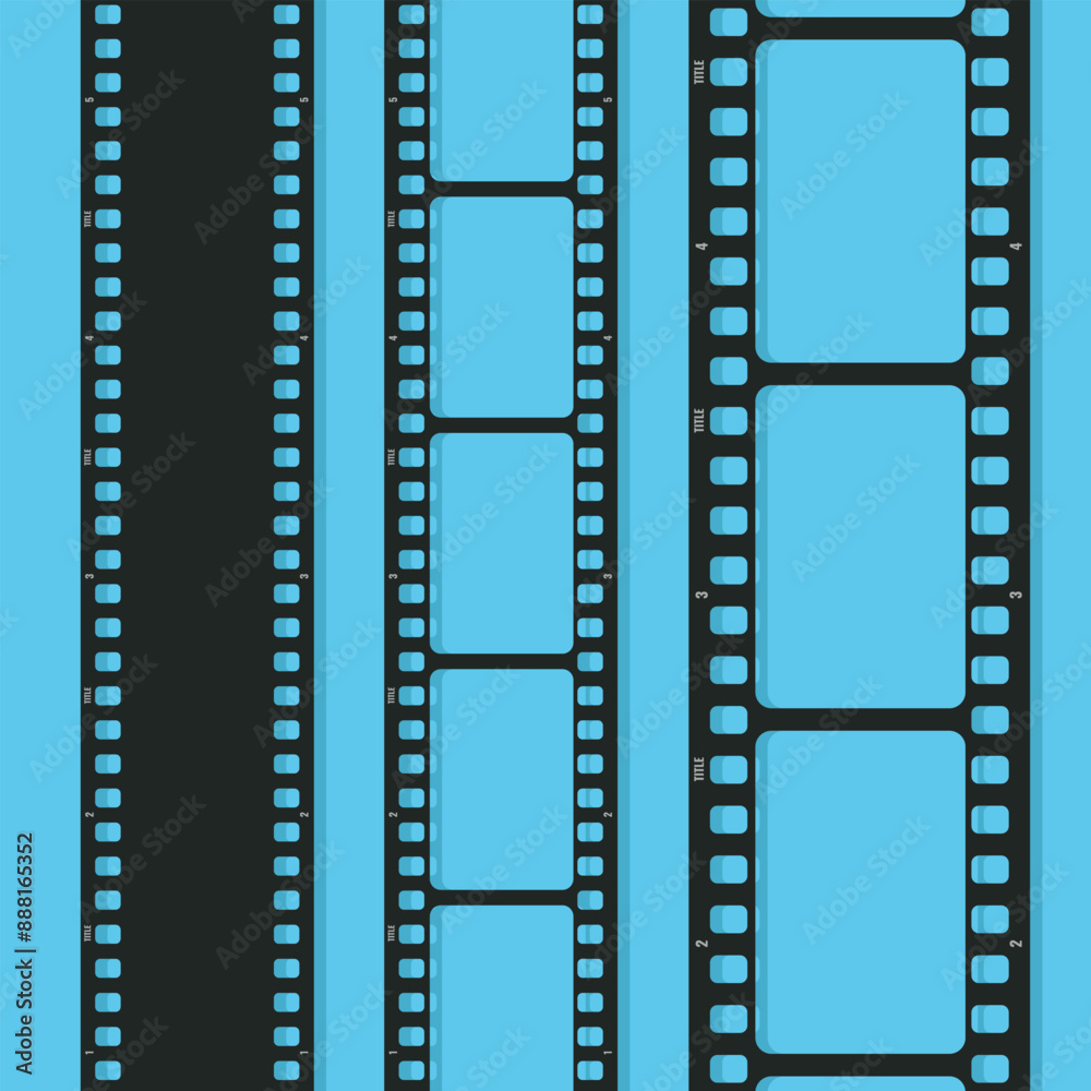 Movie long film strip set on blue background. Film strip template. Cinema and filmmaking concept. Vector illustration Movie long film strip set on blue background. Film strip template. Cinema and filmmaking concept. Vector illustration