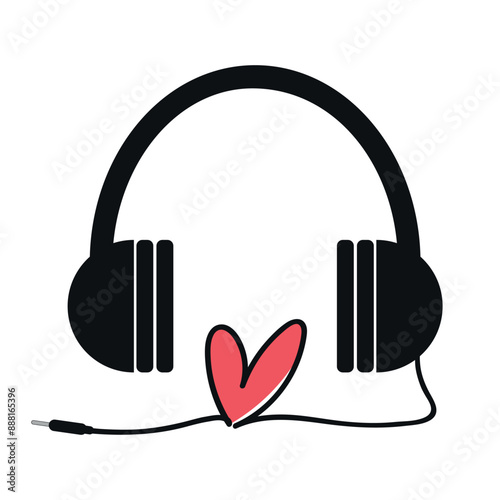 Headphones with heart cord. Love listening to music. Music lover emblem. Vector illustration
