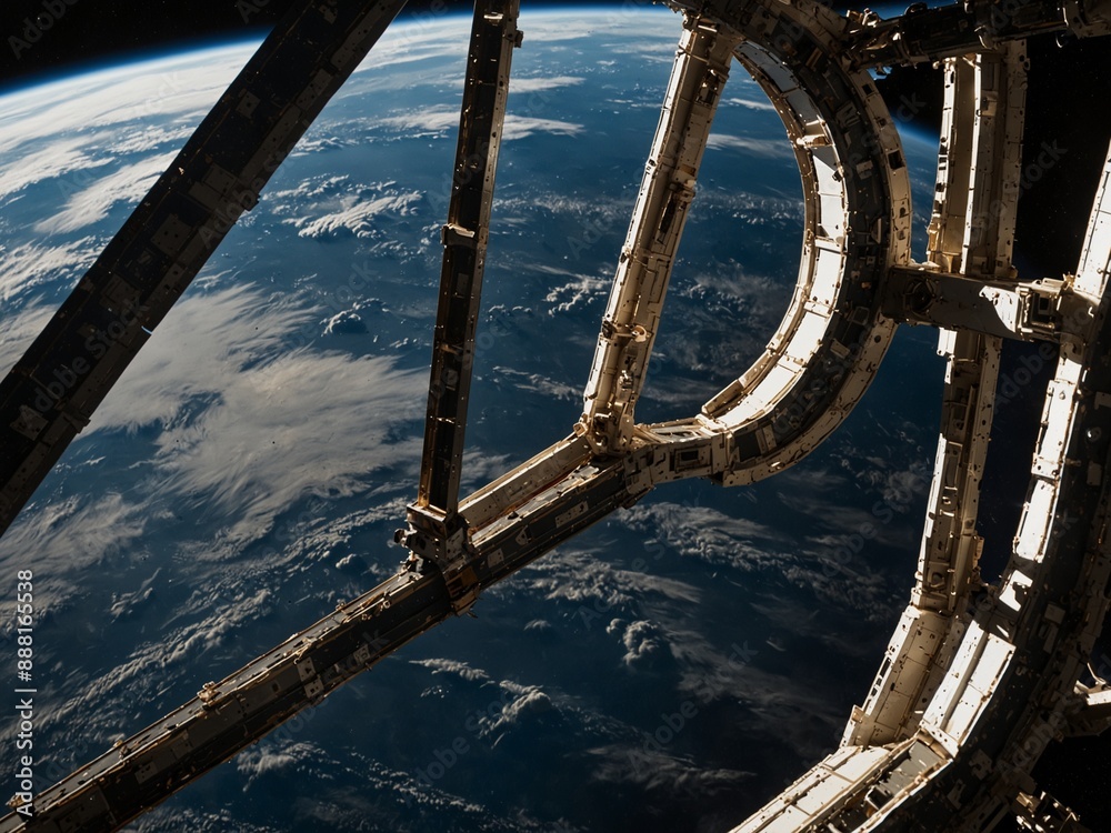 Outside the space station's window, Earth suspended in space, with the infinite universe in the background. Outside the space station's window, Earth suspended in space, with the infinite universe in the background.