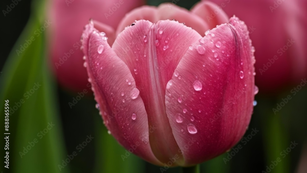 Pink Tulip in Bloom Dazzling with Dewdrops Pink Tulip in Bloom Dazzling with Dewdrops