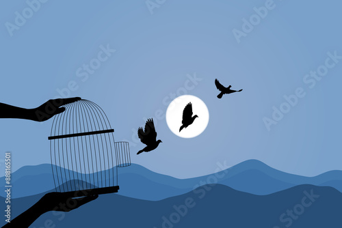 Quadro em tela Concept of freedom and liberation, birds that escapes from its cage and flies away