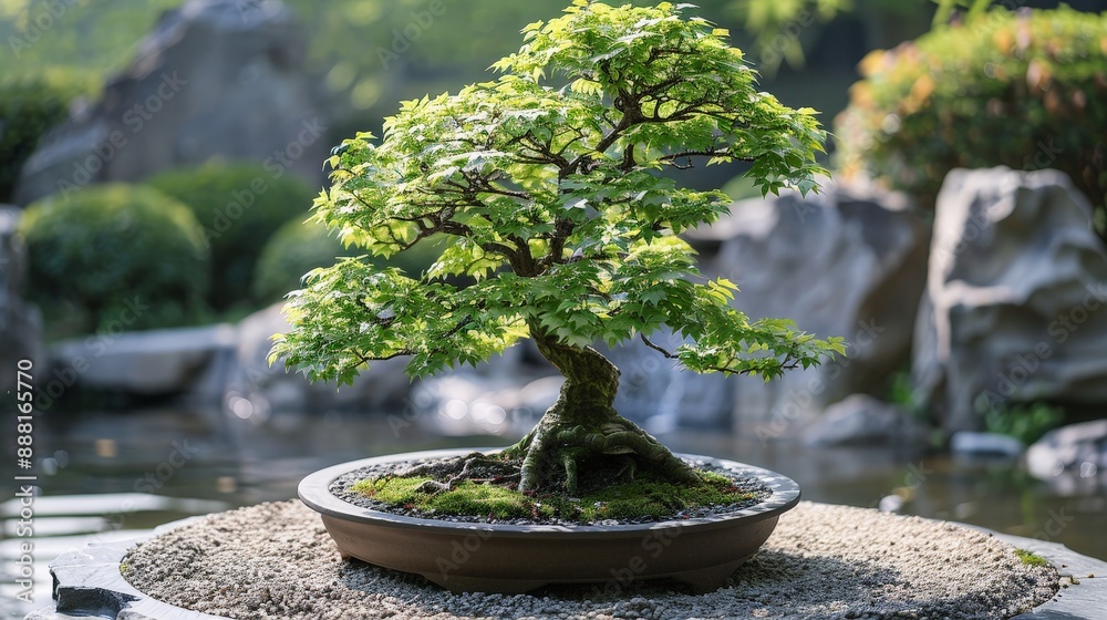 Elegant elm bonsai tree with delicate leaves in a serene Japanese tea garden Elegant elm bonsai tree with delicate leaves in a serene Japanese tea garden