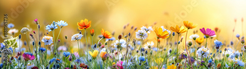 A vibrant field of wildflowers in full bloom against a golden sunrise. Generative AI	