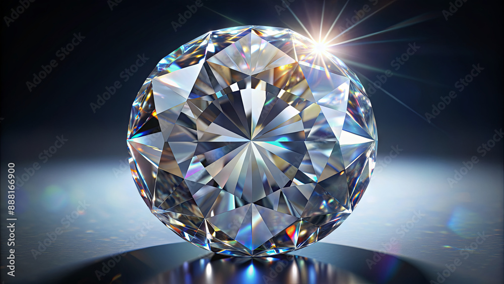 A single diamond gemstone sits on a blue reflective surface, sparkling in the light A single diamond gemstone sits on a blue reflective surface, sparkling in the light
