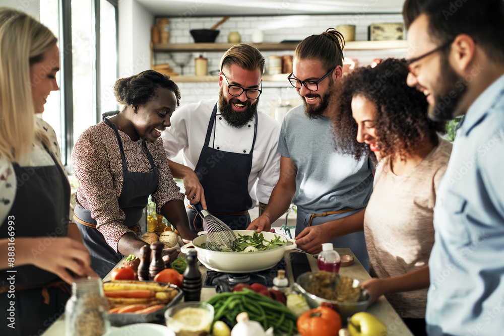 A group of people are gathered around a table, preparing food together A group of people are gathered around a table, preparing food together