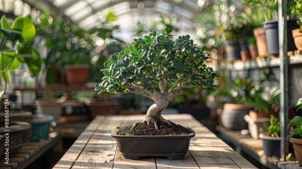 Elegant ficus bonsai tree with dense foliage in a lush greenhouse Elegant ficus bonsai tree with dense foliage in a lush greenhouse
