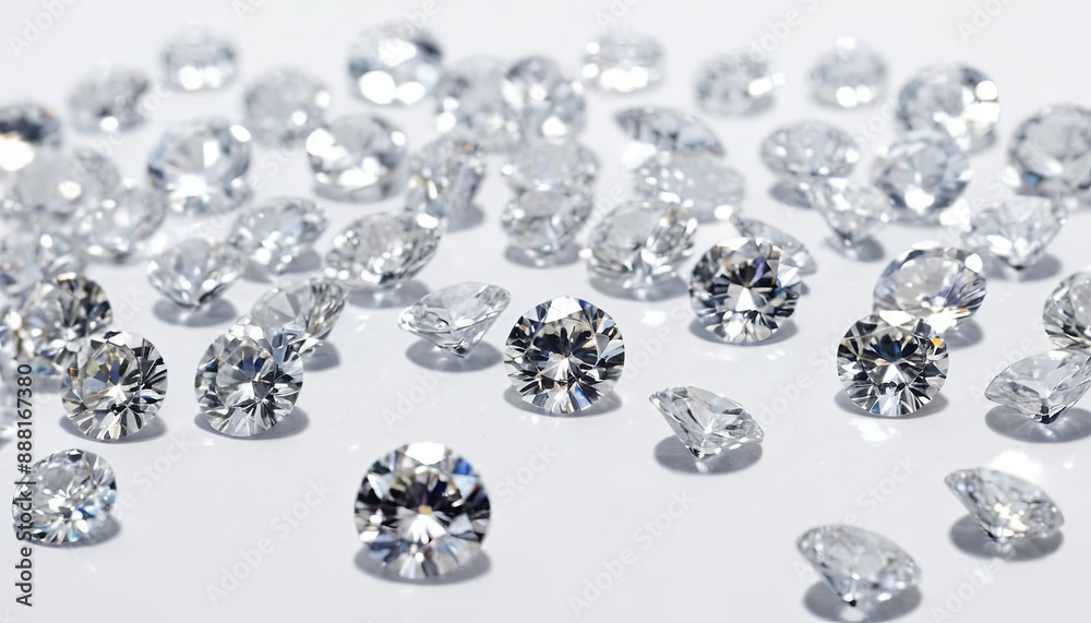 Numerous round cut diamonds, reflecting light, are scattered on a white surface Numerous round cut diamonds, reflecting light, are scattered on a white surface