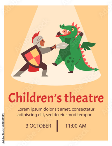 Vector poster of a children's theater show with fairy-tale characters a knight and a dragon