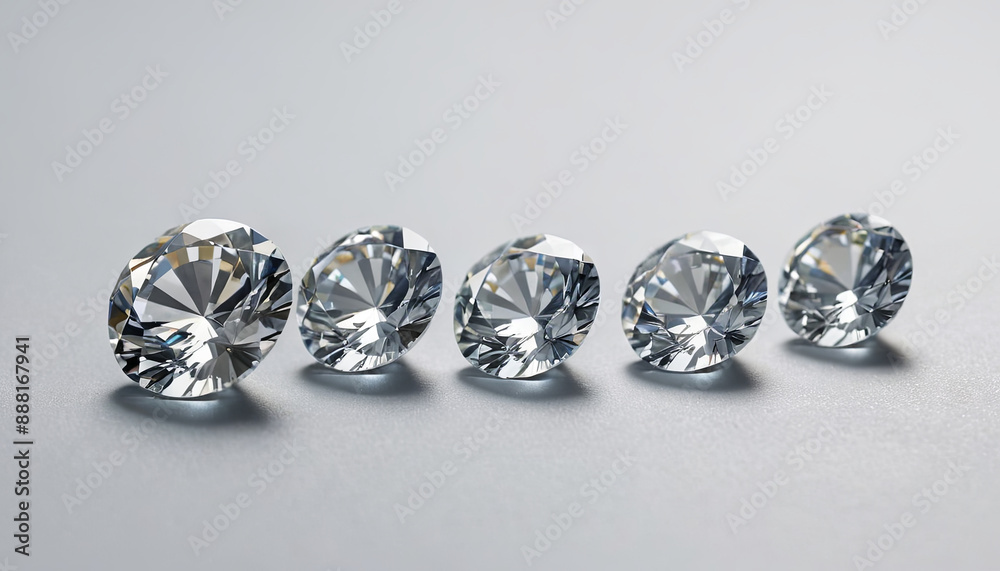 Five round cut diamonds arranged in a row on a white surface Five round cut diamonds arranged in a row on a white surface