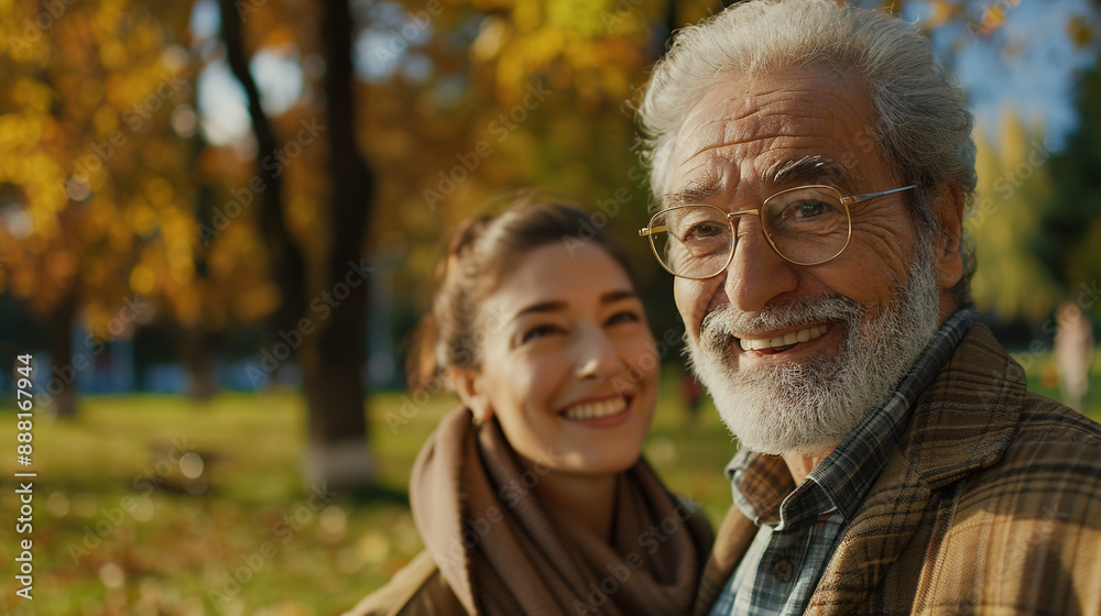 Obraz premium Close-up of a senior man, smiling, enjoying a walk with his daughter on a sunny day in the autumn park, concept of well-being.
