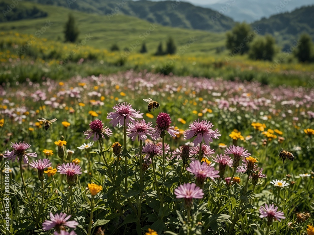 Fototapeta premium In a spring flower field, flowers blooming, bees buzzing, with verdant hills in the background.