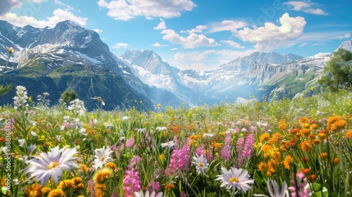 Fototapeta Naklejka Na Ścianę i Meble -  Idyllic mountain landscape in the Alps with blooming meadows in summer springtime