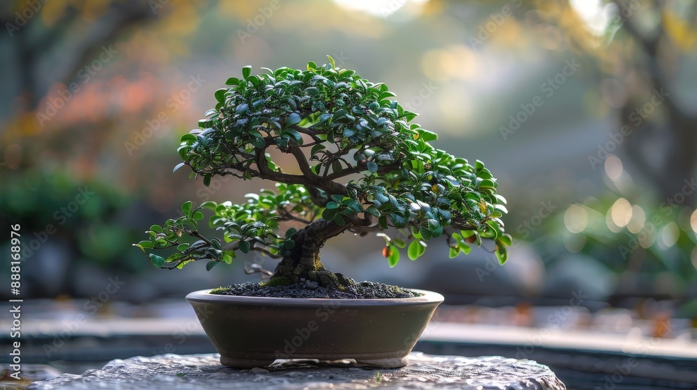 Elegant ficus bonsai tree with lush green leaves in a serene garden Elegant ficus bonsai tree with lush green leaves in a serene garden