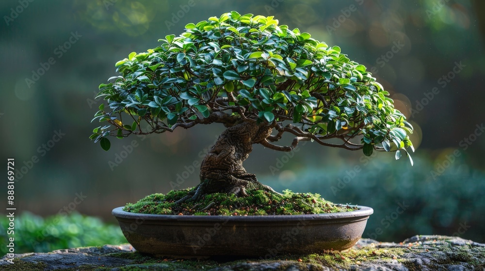 Elegant ficus bonsai tree with lush green leaves in a serene garden Elegant ficus bonsai tree with lush green leaves in a serene garden
