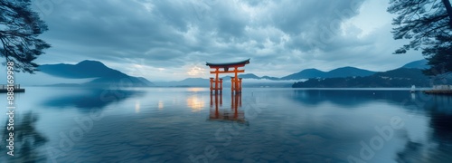 Japan, Itsukushima Shrine, Shinto floating torii orange red gate in the water on the island of Miyajima photo