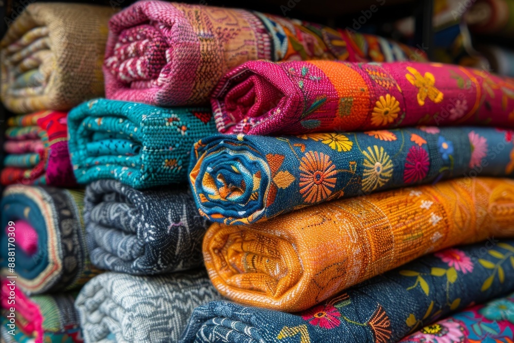 Stacks of woolen fabric. Traditional patterns. Generative AI Stacks of woolen fabric. Traditional patterns. Generative AI