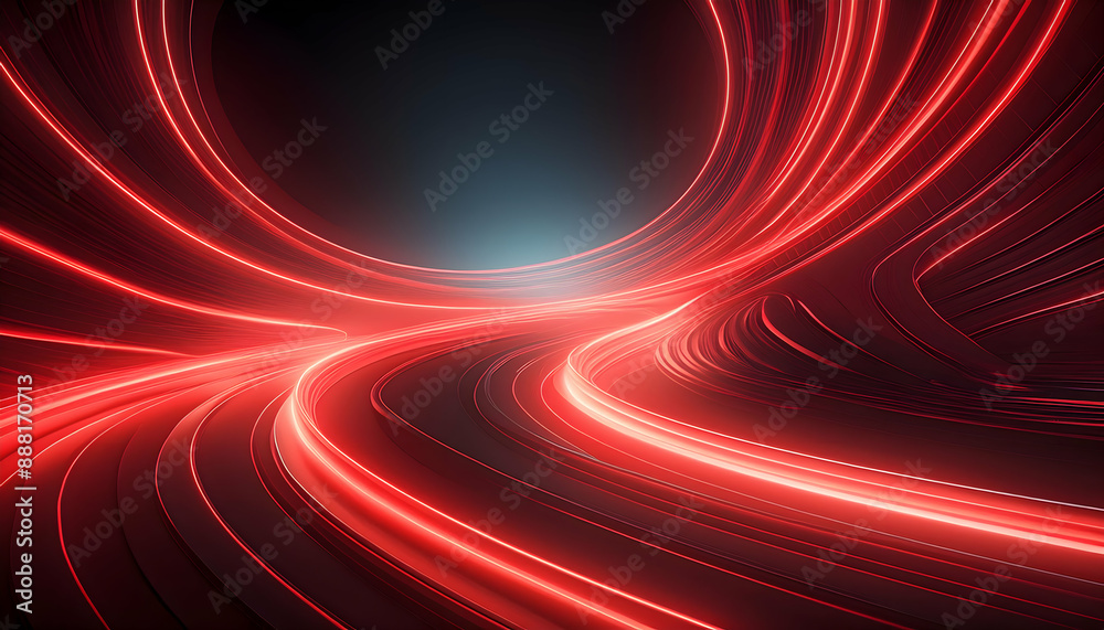 Fototapeta premium Bright red light trails curve dynamically against a dark background.