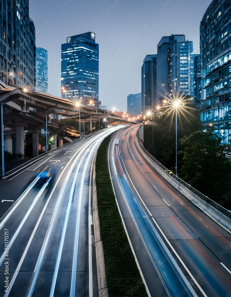 Bright blue light trails curve from street on digital art concept, Generative AI. Bright blue light trails curve from street on digital art concept, Generative AI.