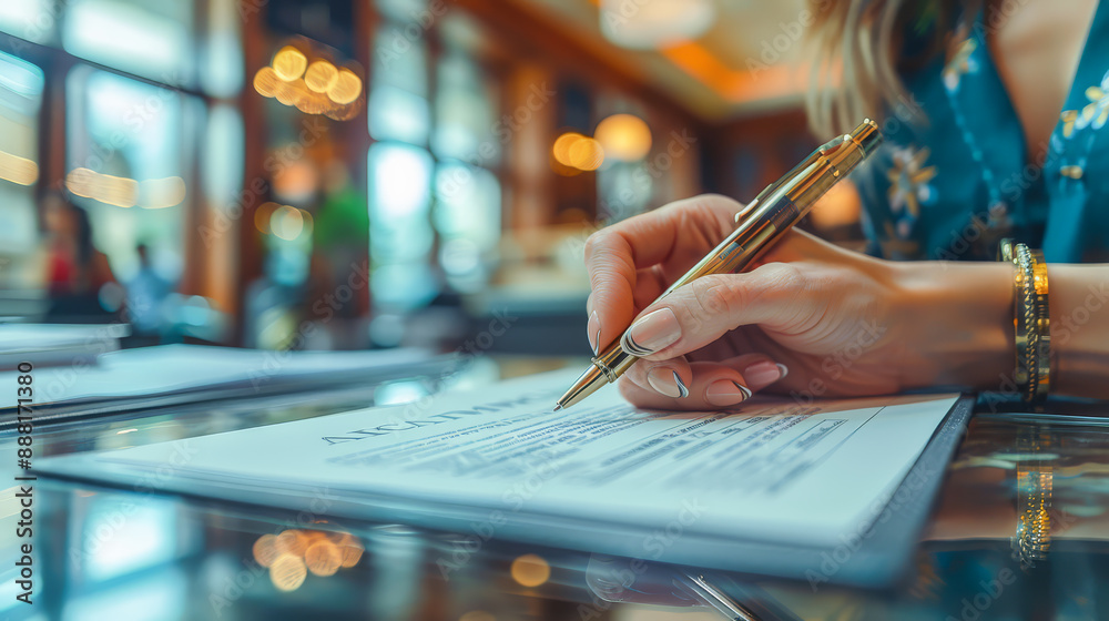 Close-up of a hand signing a document with a fountain pen in a professional office setting, emphasizing detail and precision. Close-up of a hand signing a document with a fountain pen in a professional office setting, emphasizing detail and precision.