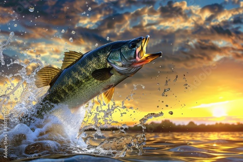 A stunning sunset backdrop as a largemouth bass leaps from the water