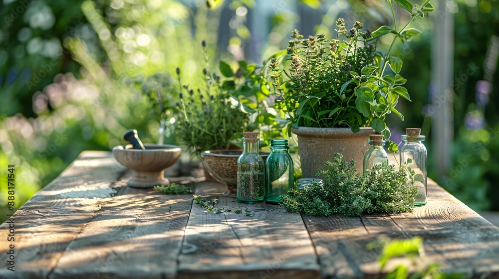 A serene outdoor setting with a wooden table displaying an assortment of freshly picked herbs, a mortar and pestle, and small glass jars filled with dried herbs and essential oils A serene outdoor setting with a wooden table displaying an assortment of freshly picked herbs, a mortar and pestle, and small glass jars filled with dried herbs and essential oils