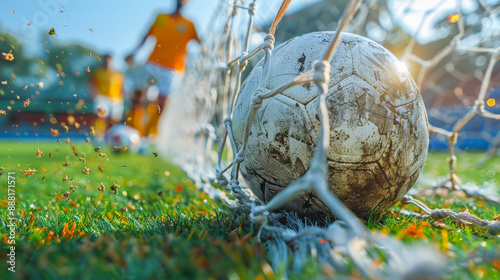 Close-up of a soccer ball hitting the back of the net on a sunny day, with players in the background. Perfect for sports-related themes, victory, and dynamic action shots.