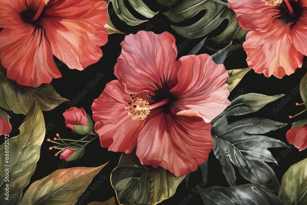 Beautiful tropical hibiscus flowers and lush greenery on a dark background, perfect for floral designs and botanical themes. Beautiful tropical hibiscus flowers and lush greenery on a dark background, perfect for floral designs and botanical themes.