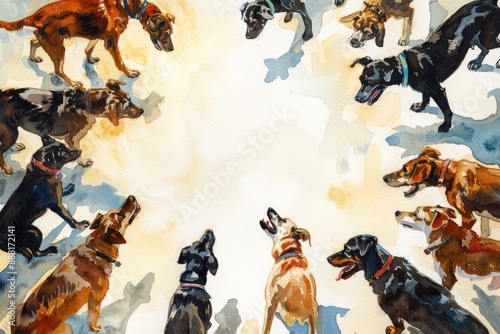 A colorful watercolor painting of multiple dogs gathering together in a circular formation, highlighting their diverse breeds and playful energy.