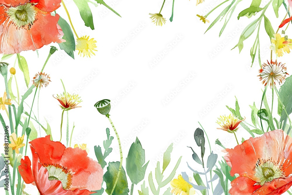 Fototapeta premium Romantic watercolor frame featuring wildflowers including poppies and dandelions with various green leaves