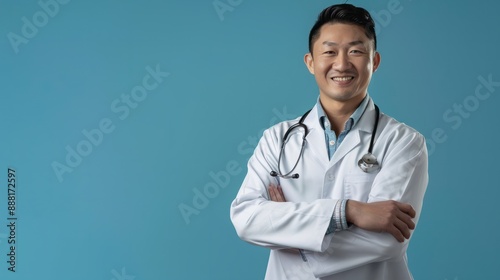 Smiling asian man physician in a white coat on blue background.