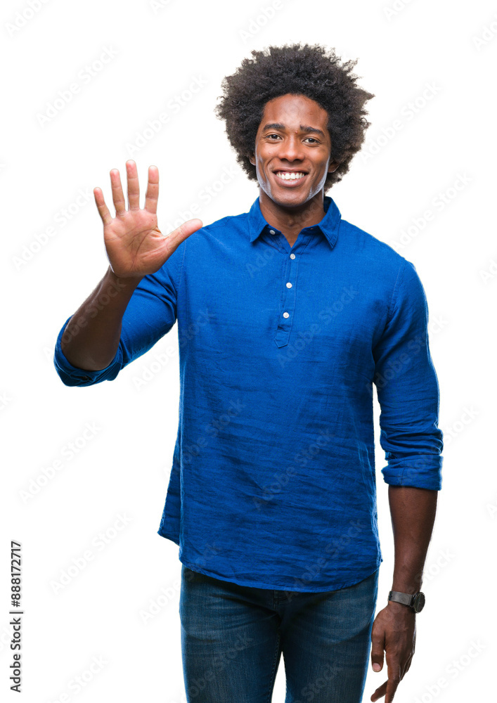 Afro american man over isolated background showing and pointing up with fingers number five while smiling confident and happy. Afro american man over isolated background showing and pointing up with fingers number five while smiling confident and happy.