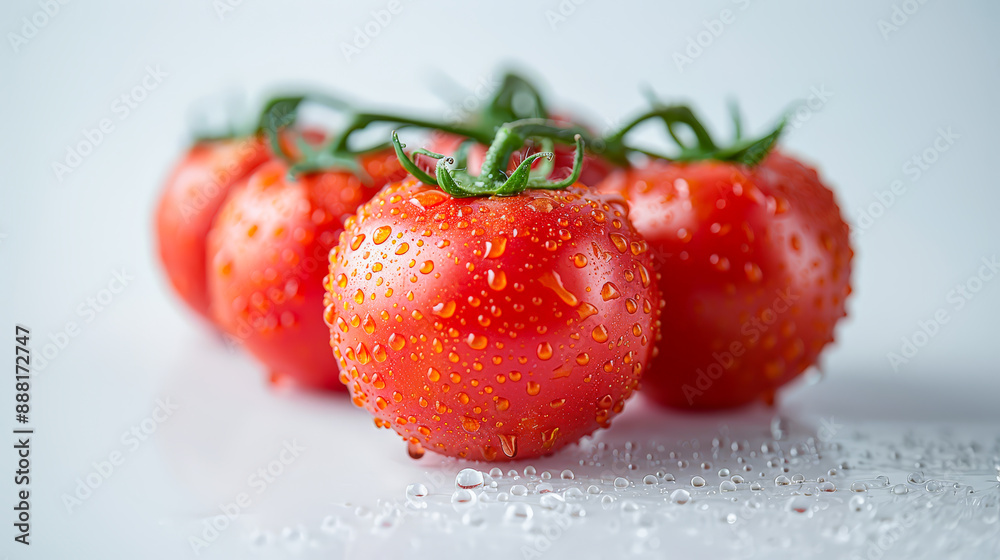 Close-up of fresh red tomatoes with water droplets, highlighting their vibrant color and natural texture, isolated on a white background. Close-up of fresh red tomatoes with water droplets, highlighting their vibrant color and natural texture, isolated on a white background.