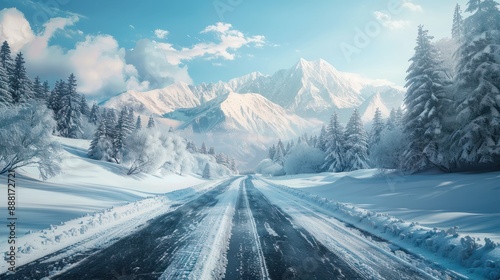 Snowy road with mountain view. Winter alpine scenic landscape nature. Generate ai