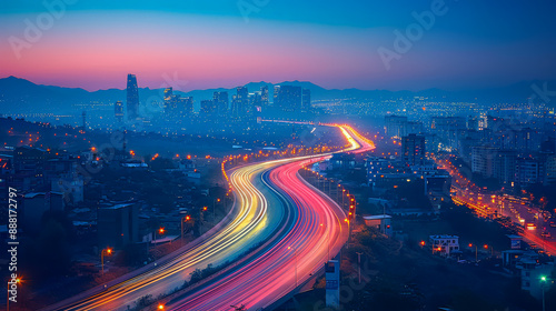 Vibrant cityscape at twilight showcasing a winding highway with colorful light trails, set against a backdrop of illuminated skyscrapers and mountains.