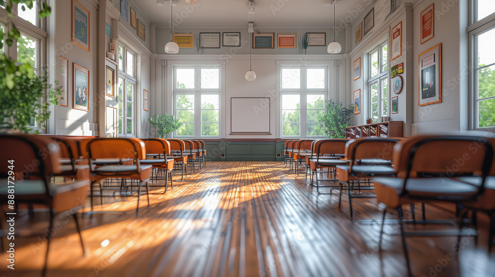Fototapeta premium Bright and spacious classroom with rows of desks and chairs, filled with natural light from large windows, creating an inviting learning environment