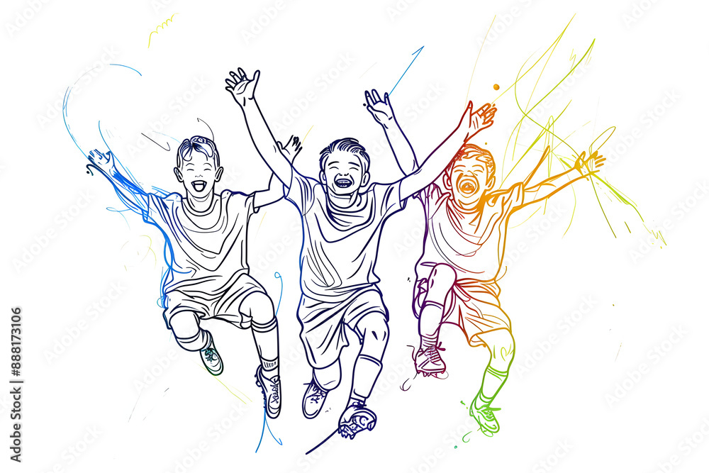 Fototapeta premium Single one line drawing happy children winning the soccer playing. Team work concept. Continuous line draw design graphic vector illustration.