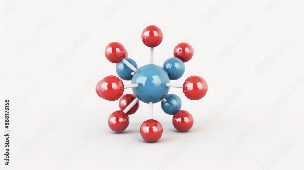 3D molecular model representation with red and blue spheres connected by rods, showcasing atomic structure on a white background. 3D molecular model representation with red and blue spheres connected by rods, showcasing atomic structure on a white background.