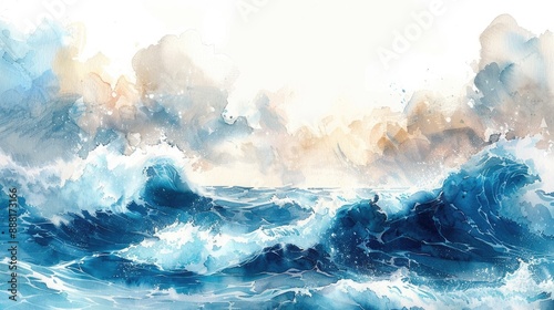 A beautiful watercolor painting of an ocean wave scene with dramatic clouds and a tranquil yet powerful atmosphere. © Moonroad