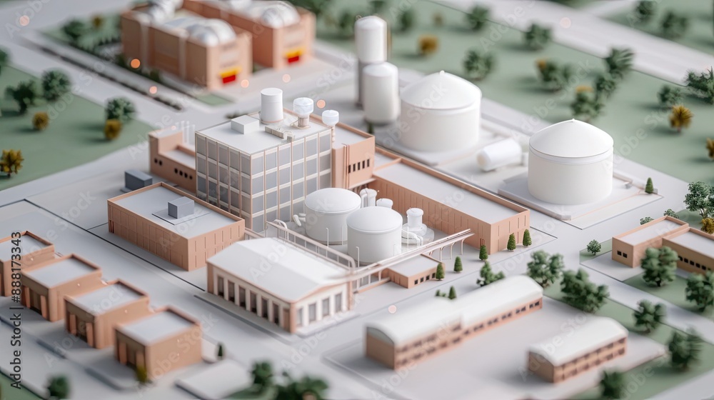Detailed miniature model of an industrial complex surrounded by green areas, showcasing buildings and storage tanks.