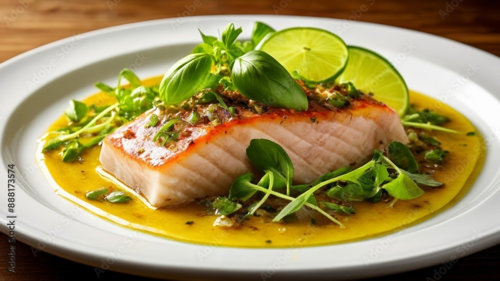 Deliciously prepared fish fillet with a vibrant sauce and fresh garnish Deliciously prepared fish fillet with a vibrant sauce and fresh garnish