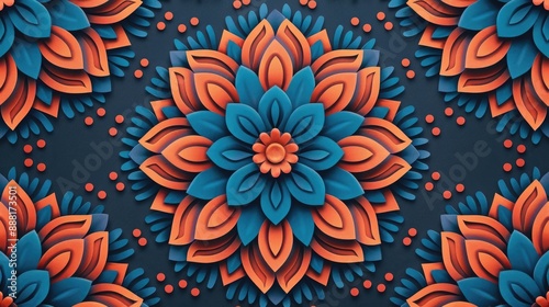 Intricate mandala pattern with vibrant orange and blue tones, creating a stunning symmetrical floral design on a dark background.