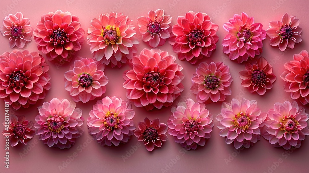 Pink flowers line up on a pink backdrop with a yellow core and surrounding pink blossoms Pink flowers line up on a pink backdrop with a yellow core and surrounding pink blossoms