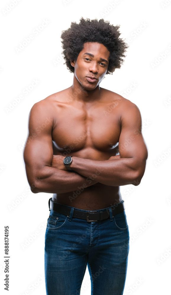 Afro american shirtless man showing nude body over isolated background skeptic and nervous, disapproving expression on face with crossed arms. Negative person. Afro american shirtless man showing nude body over isolated background skeptic and nervous, disapproving expression on face with crossed arms. Negative person.