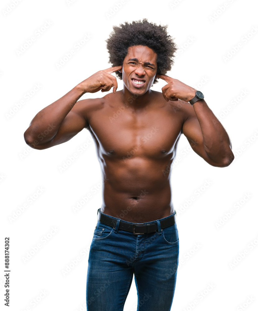 Fototapeta premium Afro american shirtless man showing nude body over isolated background covering ears with fingers with annoyed expression for the noise of loud music. Deaf concept.